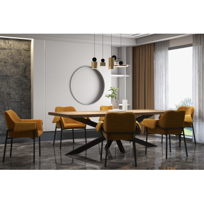 GASPARD, Fauteuil de table en tissu chenillé Moutarde et métal noir