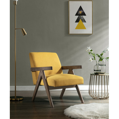WARREN - Fauteuil lounge en tissu Moutarde et bois teinté noyer gris