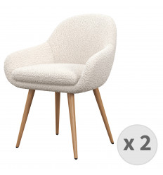 CANCUN-Chaise en tissu bouclette Ecru et pieds métal décor bois (x2)
