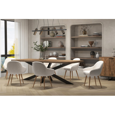 CANCUN-Chaise en tissu bouclette Ecru et pieds métal décor bois (x2)