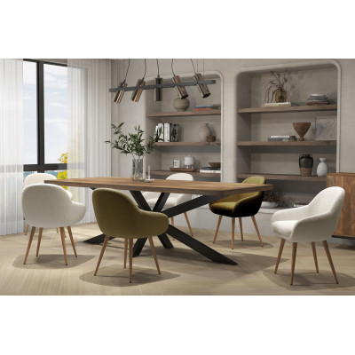 CANCUN-Chaise en tissu bouclette Ecru et pieds métal décor bois (x2)