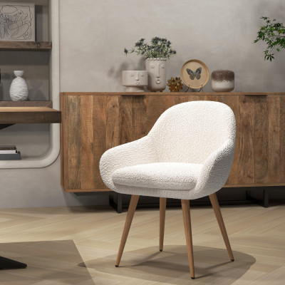 CANCUN-Chaise en tissu bouclette Ecru et pieds métal décor bois (x2)