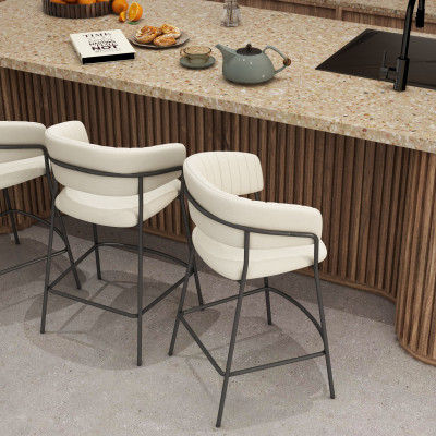 LUCA-Fauteuil de bar en tissu Vanille et métal noir (x2)