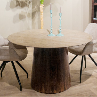 STONE-Table à manger Ronde 4 p D.130, Travertin, Manguier teinté noyer