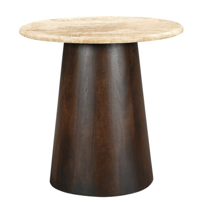 STONE-Table basse ronde D.45 cm enTravertin et Manguier teinté noyer