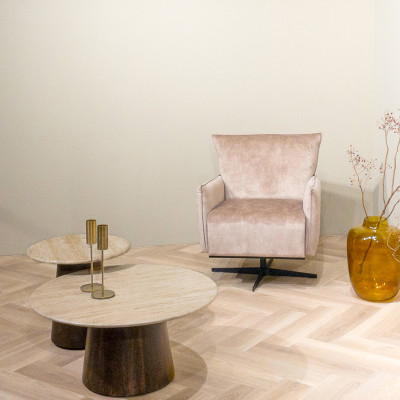 STONE-Table basse ronde D.45 cm enTravertin et Manguier teinté noyer