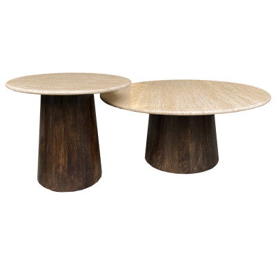 STONE-Table basse ronde D.45 cm enTravertin et Manguier teinté noyer
