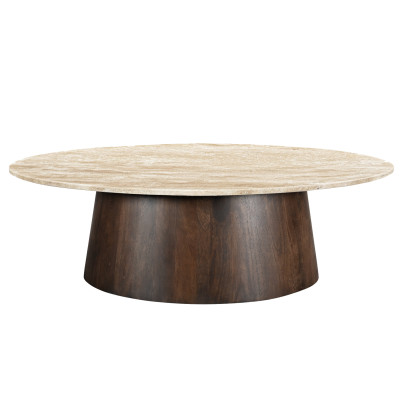 STONE-Table basse ovale 120 x 65 cm,Travertin et Manguier teinté noyer