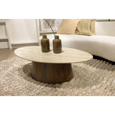 STONE-Table basse ovale 120 x 65 cm,Travertin et Manguier teinté noyer