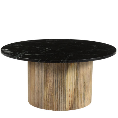 MARBELLA,Table basse ronde D.70 cm en Marbre noir et manguier massif
