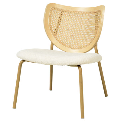 BALI-Fauteuil en tissu bouclé Ecru, rotin et métal décor chêne