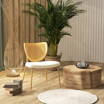 BALI-Fauteuil en tissu bouclé Ecru, rotin et métal décor chêne