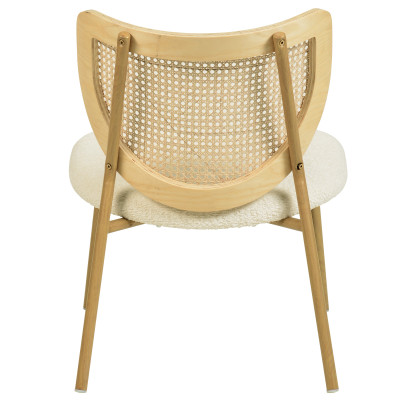 BALI-Fauteuil en tissu bouclé Ecru, rotin et métal décor chêne