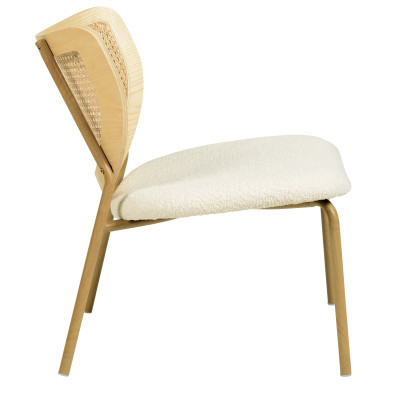 BALI-Fauteuil en tissu bouclé Ecru, rotin et métal décor chêne