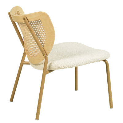 BALI-Fauteuil en tissu bouclé Ecru, rotin et métal décor chêne
