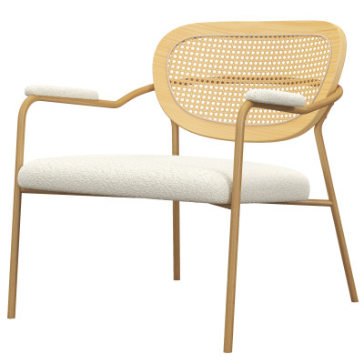 RETRO-Fauteuil en tissu bouclé Ecru, rotin et métal décor chêne