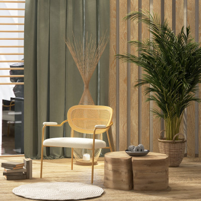 RETRO-Fauteuil en tissu bouclé Ecru, rotin et métal décor chêne