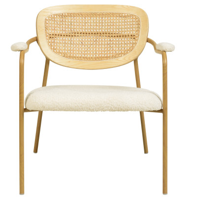 RETRO-Fauteuil en tissu bouclé Ecru, rotin et métal décor chêne