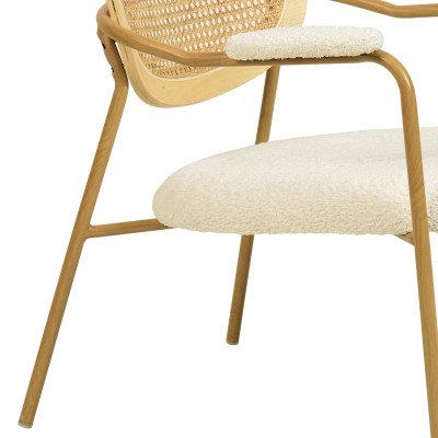 RETRO-Fauteuil en tissu bouclé Ecru, rotin et métal décor chêne