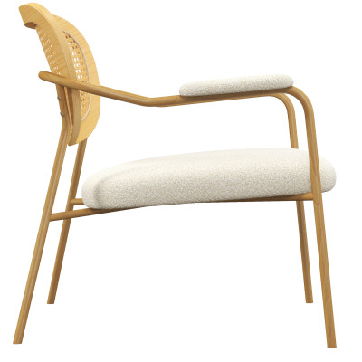 RETRO-Fauteuil en tissu bouclé Ecru, rotin et métal décor chêne