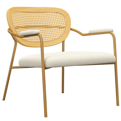 RETRO-Fauteuil en tissu bouclé Ecru, rotin et métal décor chêne