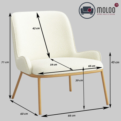 ALVIN-Fauteuil vintage en tissu Bouclé Ecru et métal décor chêne