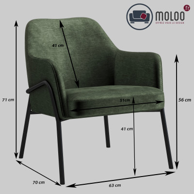 LAYTON - Fauteuil lounge, tissu chenillé Sauge et métal noir mat
