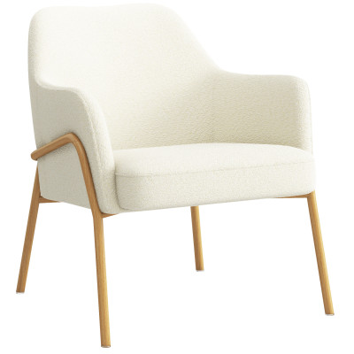 LAYTON-Fauteuil lounge en tissu Bouclé Ecru et métal decor chêne