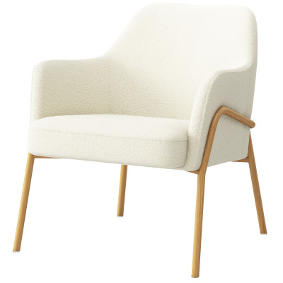 LAYTON-Fauteuil lounge en tissu Bouclé Ecru et métal decor chêne