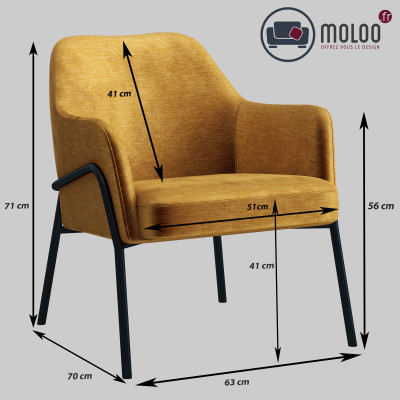 LAYTON - Fauteuil lounge, tissu chenillé Moutarde et métal noir mat