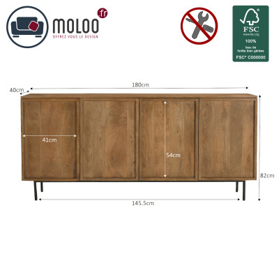 VALLAURIS-Aparador bajo 4 puertas 180 cm en madera maciza