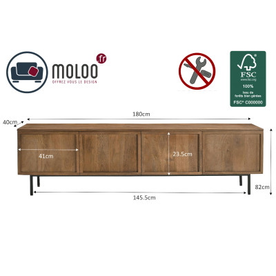 VALLAURIS-TV-Schrank 4 Türen 180 cm aus Massivholz