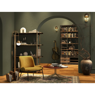 ALVIN - Fauteuil lounge, tissu chenillé Moutarde et pieds noir mat