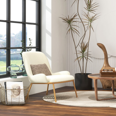 ALVIN-Sillón de tela Bouclé Ecru y metal efecto roble