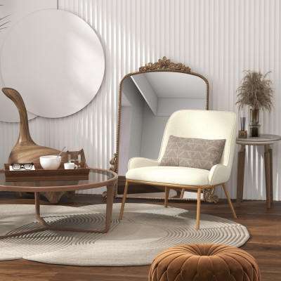 ALVIN-Fauteuil vintage en tissu Bouclé Ecru et métal décor chêne