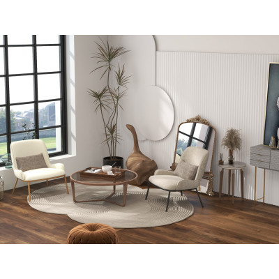 ALVIN-Sillón de tela Bouclé Ecru y metal efecto roble