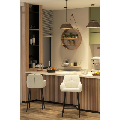 LEA-Tabouret de bar en tissu bouclé Ecru et métal noir (x2)