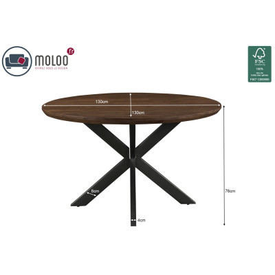 MACY-Mesa de comedor redonda para 4 personas, D.130 cm, Madera de mango Nogal