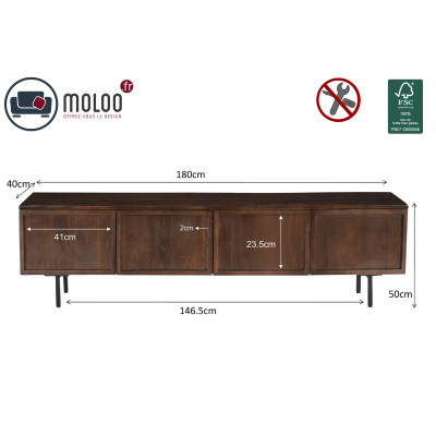 QUADRO-4-türiges TV-Möbel L.180 cm aus walnussfarbenem Mangoholz