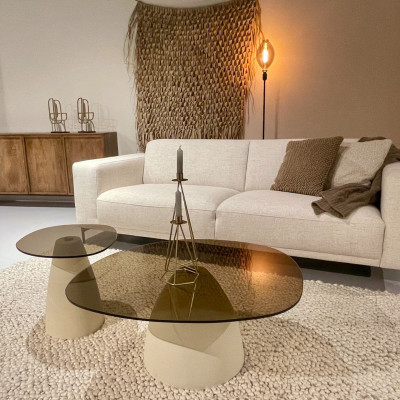 DILLON-Tavolino ovale 76 cm in metallo avorio e vetro fumè