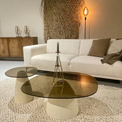 DILLON-Tavolino da 50 cm in metallo avorio e vetro fumè