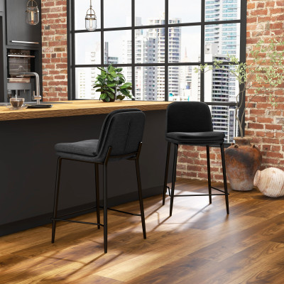 NOLAN - Chaise de bar tissu chenillé Noir et métal noir mat (x2)