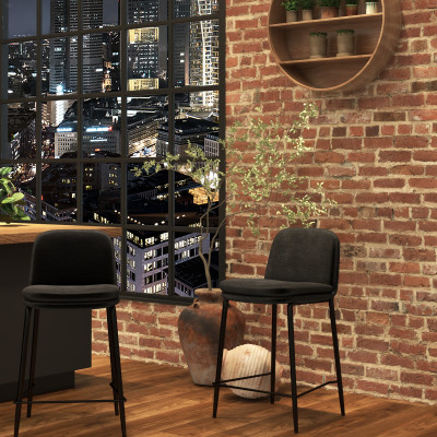 NOLAN - Chaise de bar tissu chenillé Noir et métal noir mat (x2)