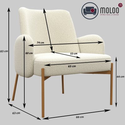 ALEX-Fauteuil en tissu bouclé Ecru et métal décor bois