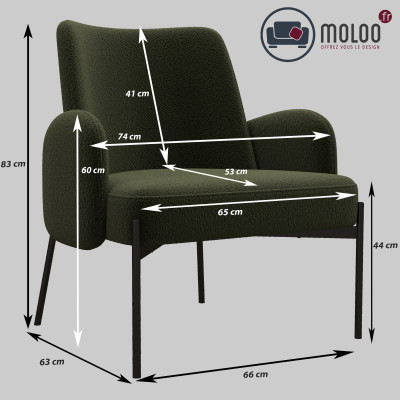ALEX-Fauteuil en tissu bouclé Vert Army et métal noir