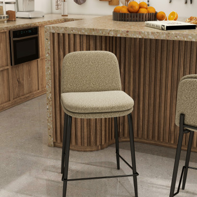 NOLAN-Silla de bar Bouclé beige y metal negro (x2)