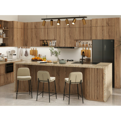 NOLAN-2er Set Barstuhl aus Stoff Bouclé Greige und schwarzem Metall