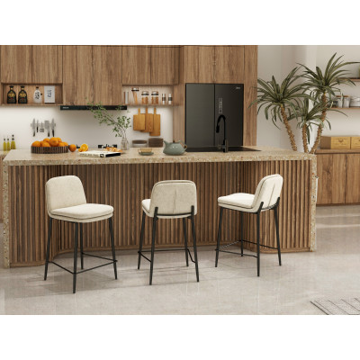 NOLAN-Chaise de bar en tissu Bouclé Lin et métal noir (x2)