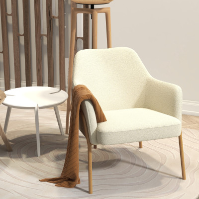 LAYTON-Fauteuil lounge en tissu Bouclé Ecru et métal decor chêne