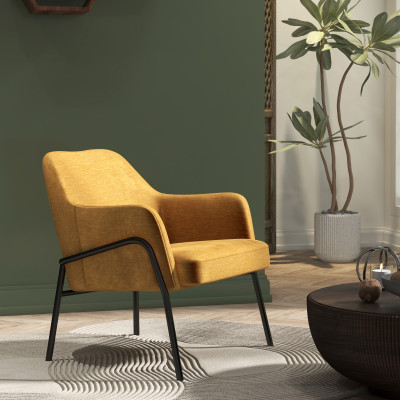 LAYTON - Fauteuil lounge, tissu chenillé Moutarde et métal noir mat
